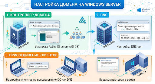 Настройка домена на Windows Server- контроллер домена, DNS и присоединение клиентов