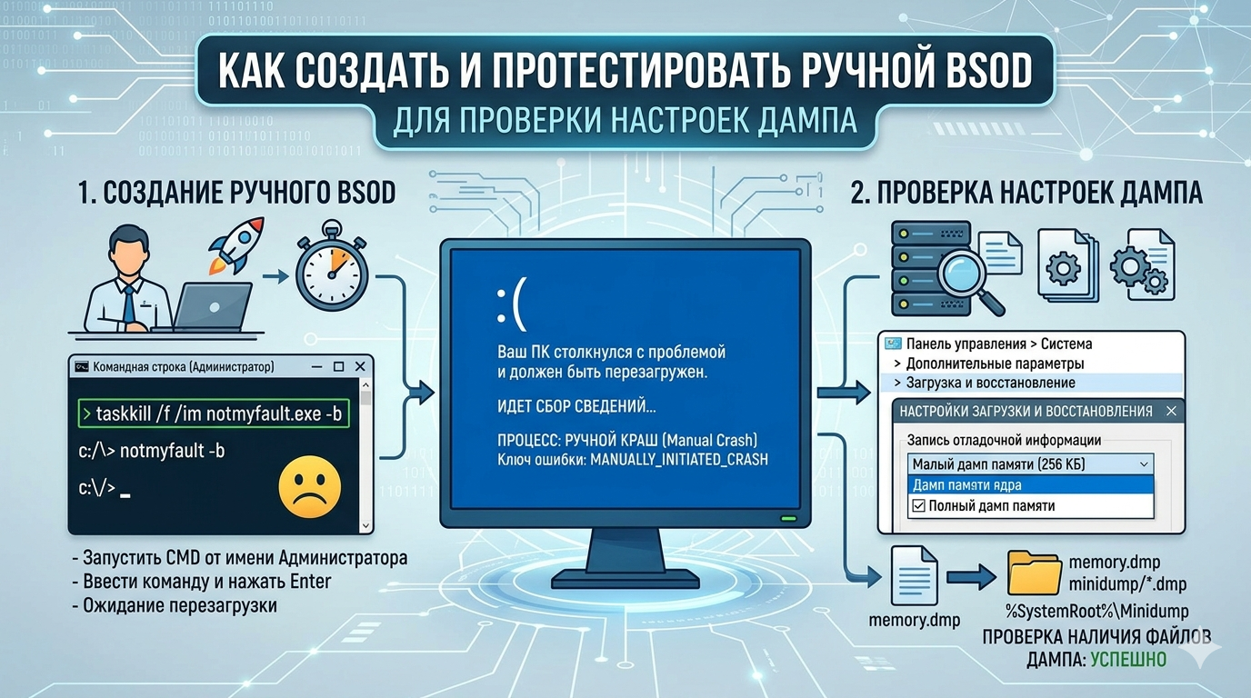 Как создать и протестировать ручной BSOD для проверки настроек дампа