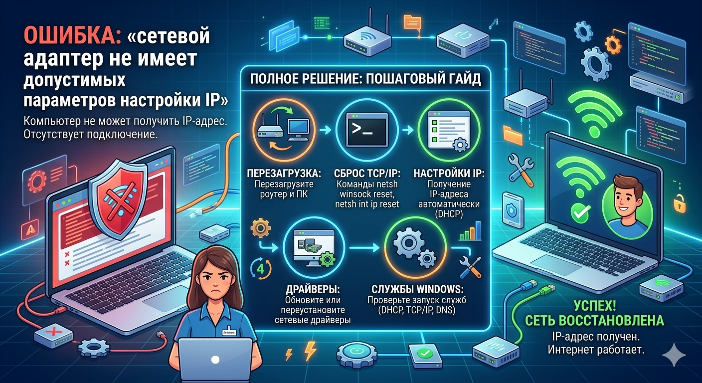Ошибка «сетевой адаптер не имеет допустимых параметров настройки IP»: полное решение