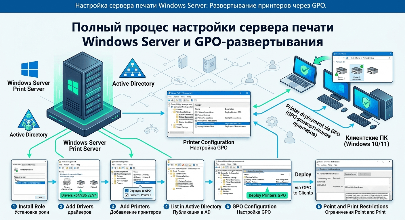 Настройка сервера печати на Windows Server с развёртыванием принтеров через групповые политики