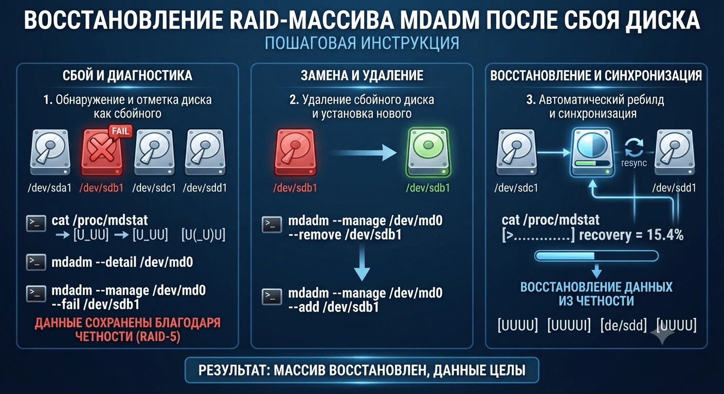 Восстановление RAID-массива mdadm после сбоя диска