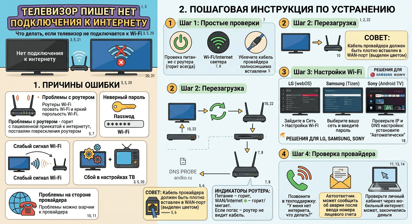 Телевизор пишет «нет подключения к интернету»