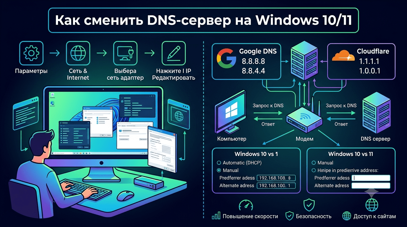 Как сменить DNS-сервер на компьютере с Windows 10 и 11